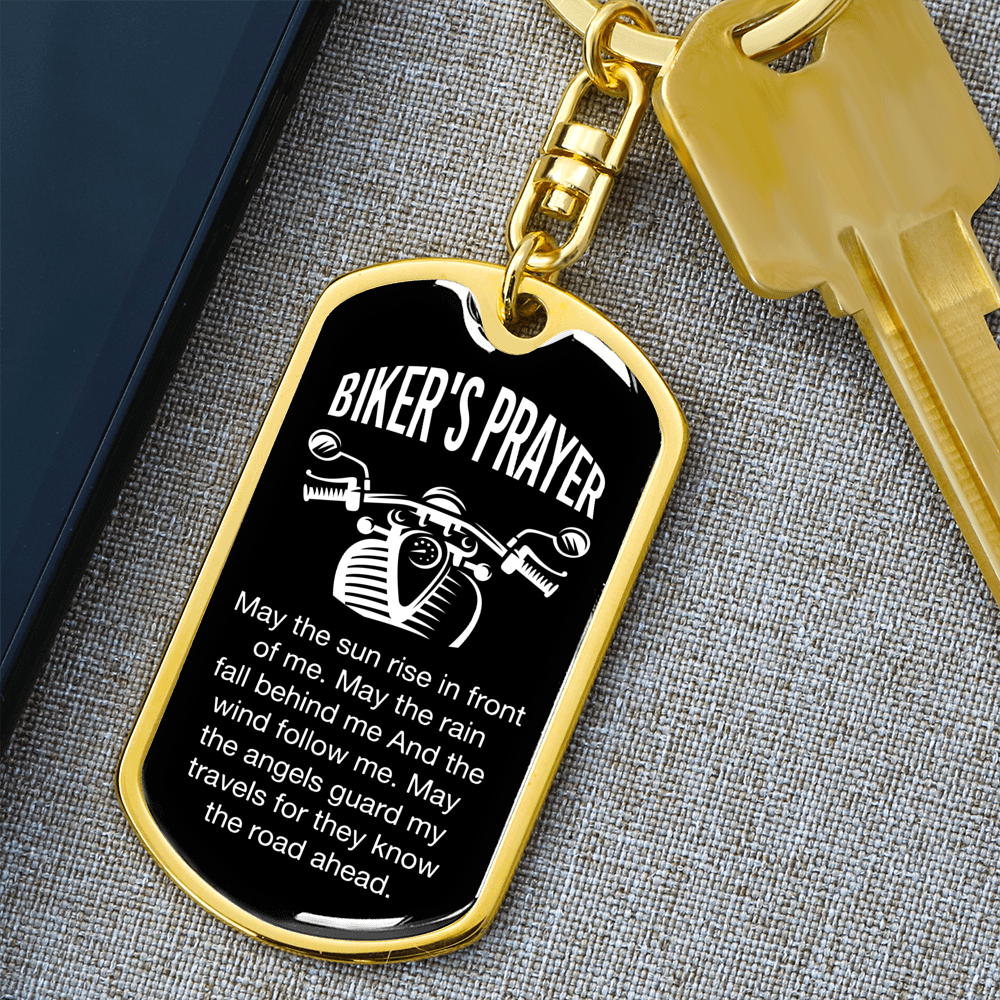 Biker's Prayer Keychain Stainless Steel or 18k Gold Dog Tag Keyring-Express Your Love Gifts