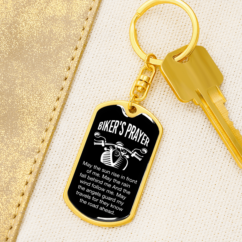 Biker's Prayer Keychain Stainless Steel or 18k Gold Dog Tag Keyring-Express Your Love Gifts