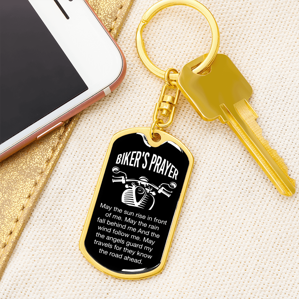 Biker's Prayer Keychain Stainless Steel or 18k Gold Dog Tag Keyring-Express Your Love Gifts