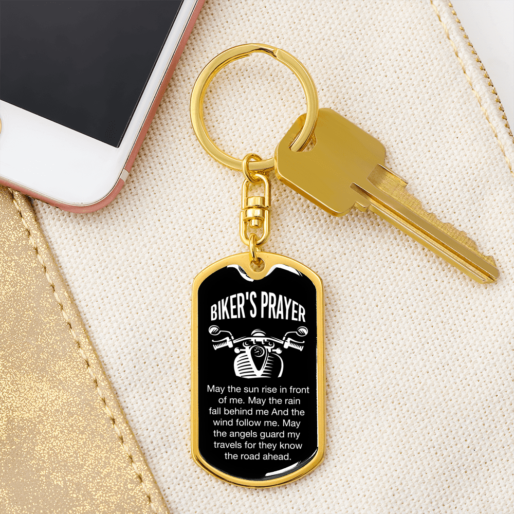 Biker's Prayer Keychain Stainless Steel or 18k Gold Dog Tag Keyring-Express Your Love Gifts