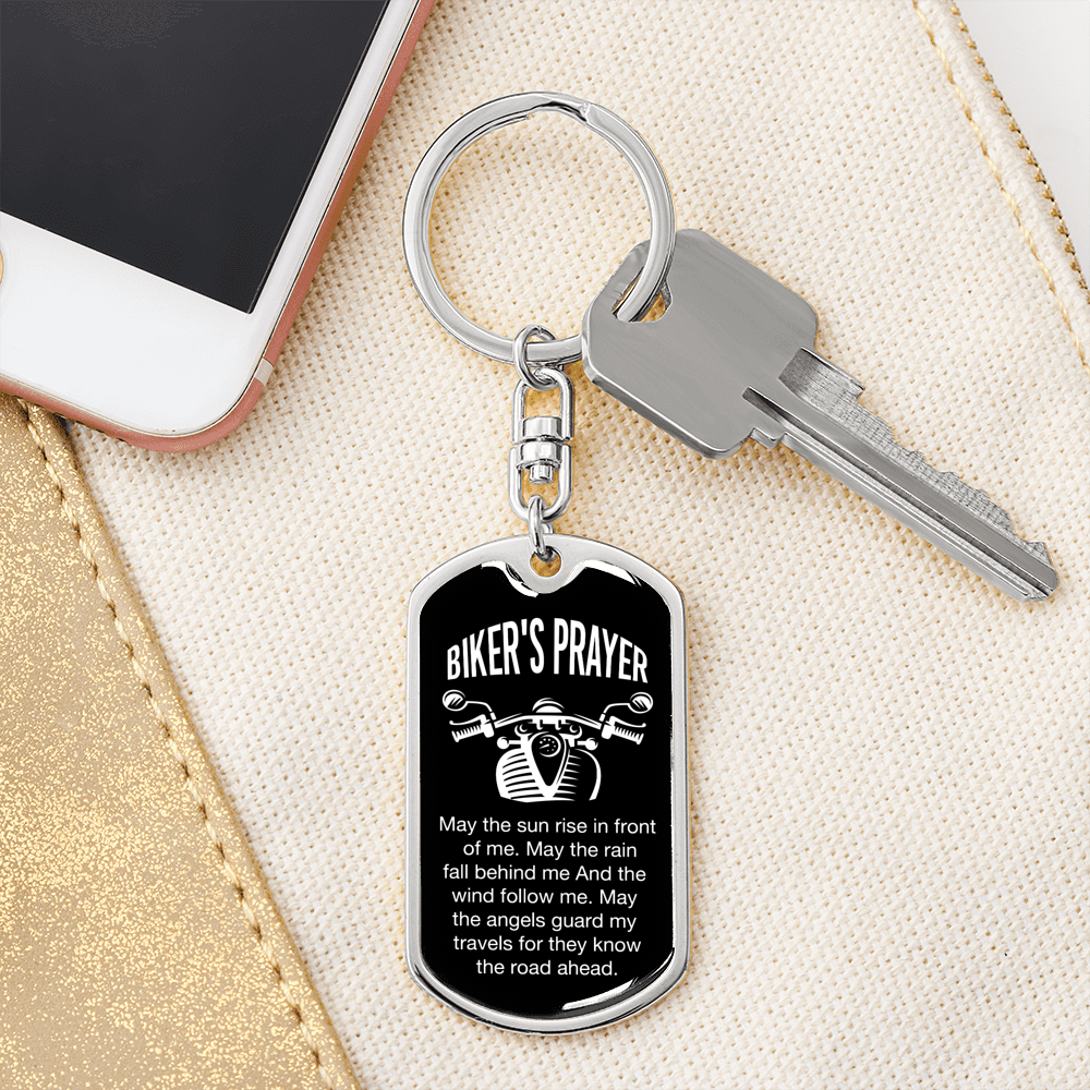 Biker's Prayer Keychain Stainless Steel or 18k Gold Dog Tag Keyring-Express Your Love Gifts