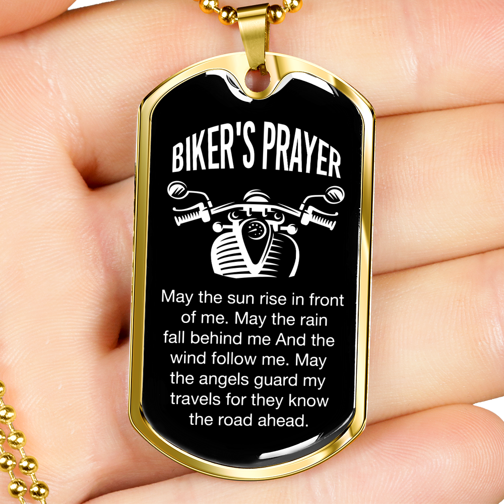 Biker's Prayer Necklace Stainless Steel or 18k Gold Dog Tag 24" Chain-Express Your Love Gifts