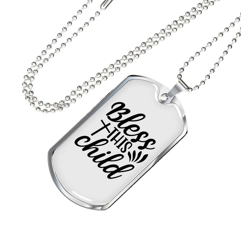 Bless This Child Cross Necklace Stainless Steel or 18k Gold Dog Tag 24" Chain-Express Your Love Gifts