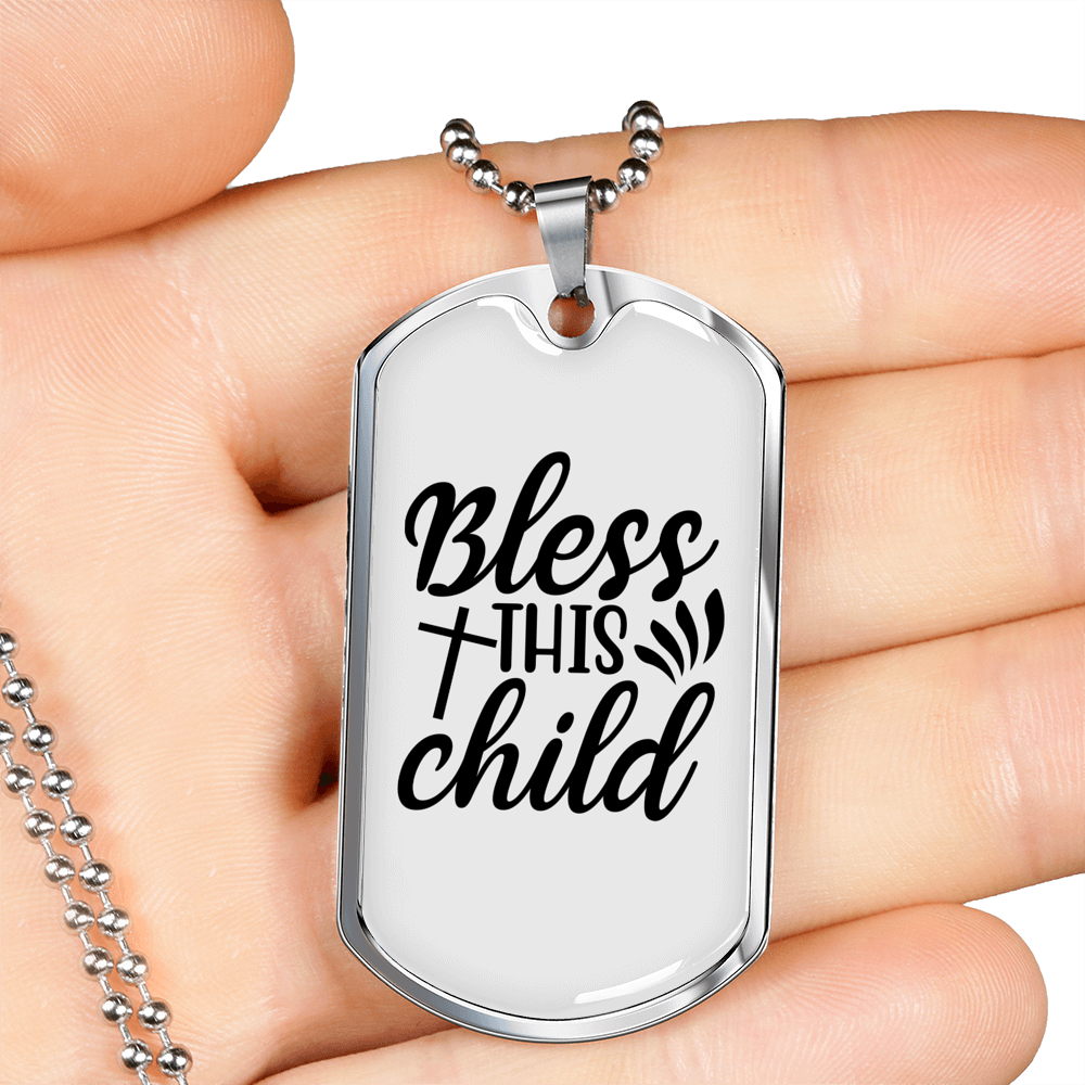 Bless This Child Cross Necklace Stainless Steel or 18k Gold Dog Tag 24" Chain-Express Your Love Gifts