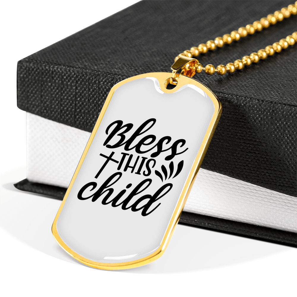 Bless This Child Cross Necklace Stainless Steel or 18k Gold Dog Tag 24" Chain-Express Your Love Gifts
