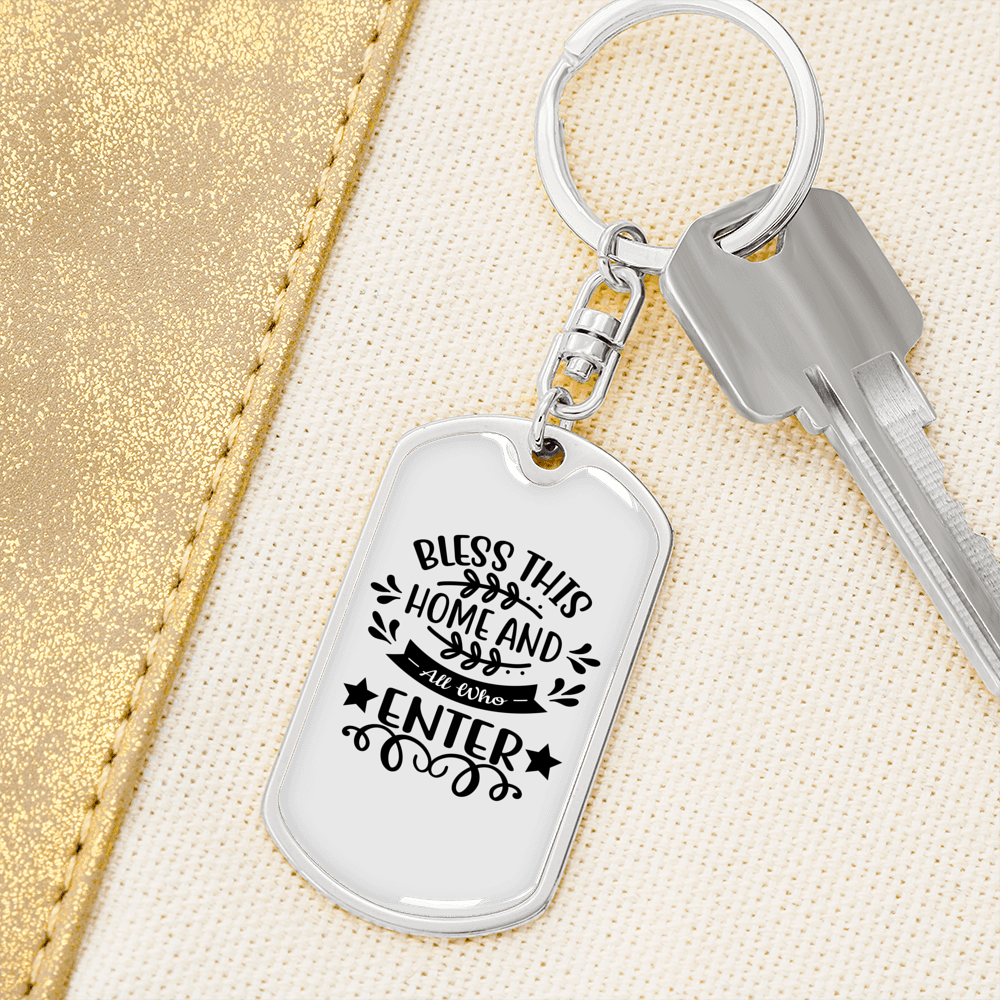 Bless This Home Keychain Stainless Steel or 18k Gold Dog Tag Keyring-Express Your Love Gifts