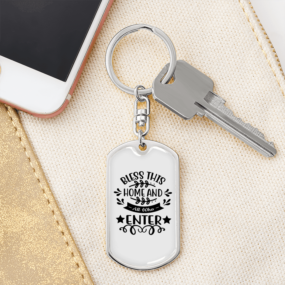 Bless This Home Keychain Stainless Steel or 18k Gold Dog Tag Keyring-Express Your Love Gifts