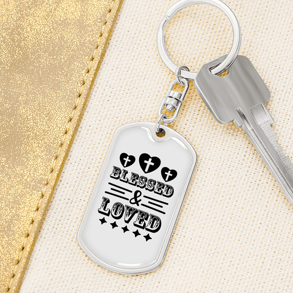 Blessed And Loved Cross Keychain Stainless Steel or 18k Gold Dog Tag Keyring-Express Your Love Gifts