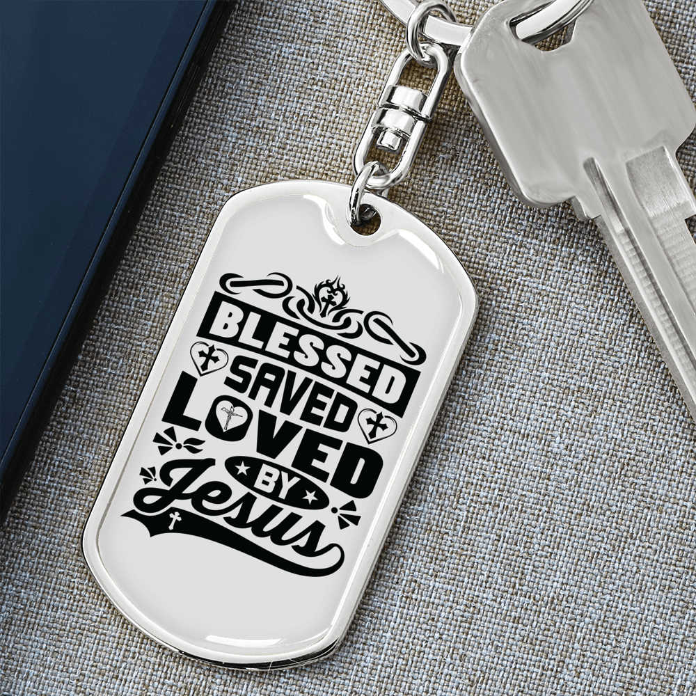 Blessed Saved Loved Black Keychain Stainless Steel or 18k Gold Dog Tag Keyring-Express Your Love Gifts