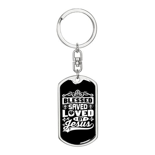 Blessed Saved Loved Keychain Stainless Steel or 18k Gold Dog Tag Keyring-Express Your Love Gifts