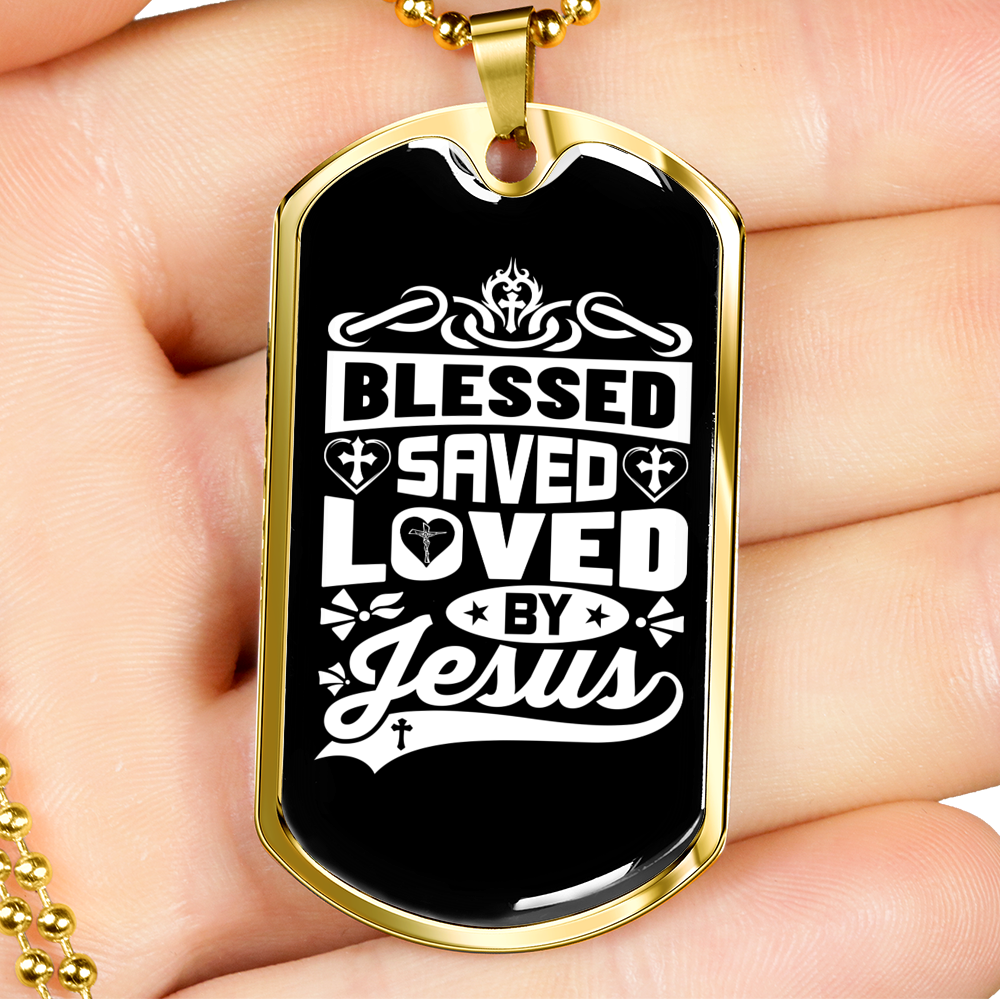 Blessed Saved Loved Necklace Stainless Steel or 18k Gold Dog Tag 24" Chain-Express Your Love Gifts