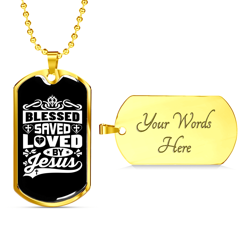 Blessed Saved Loved Necklace Stainless Steel or 18k Gold Dog Tag 24" Chain-Express Your Love Gifts
