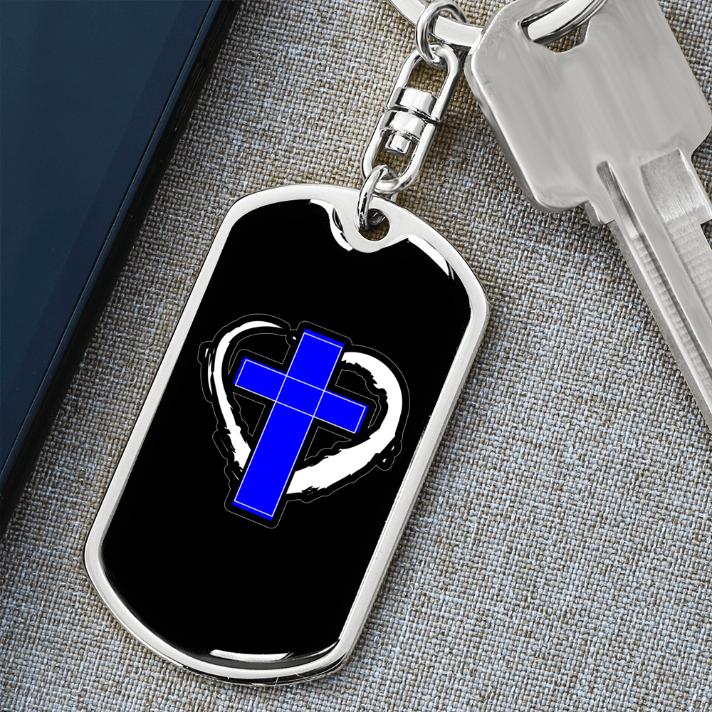 Blue Cross Keychain Stainless Steel or 18k Gold Dog Tag Keyring-Express Your Love Gifts