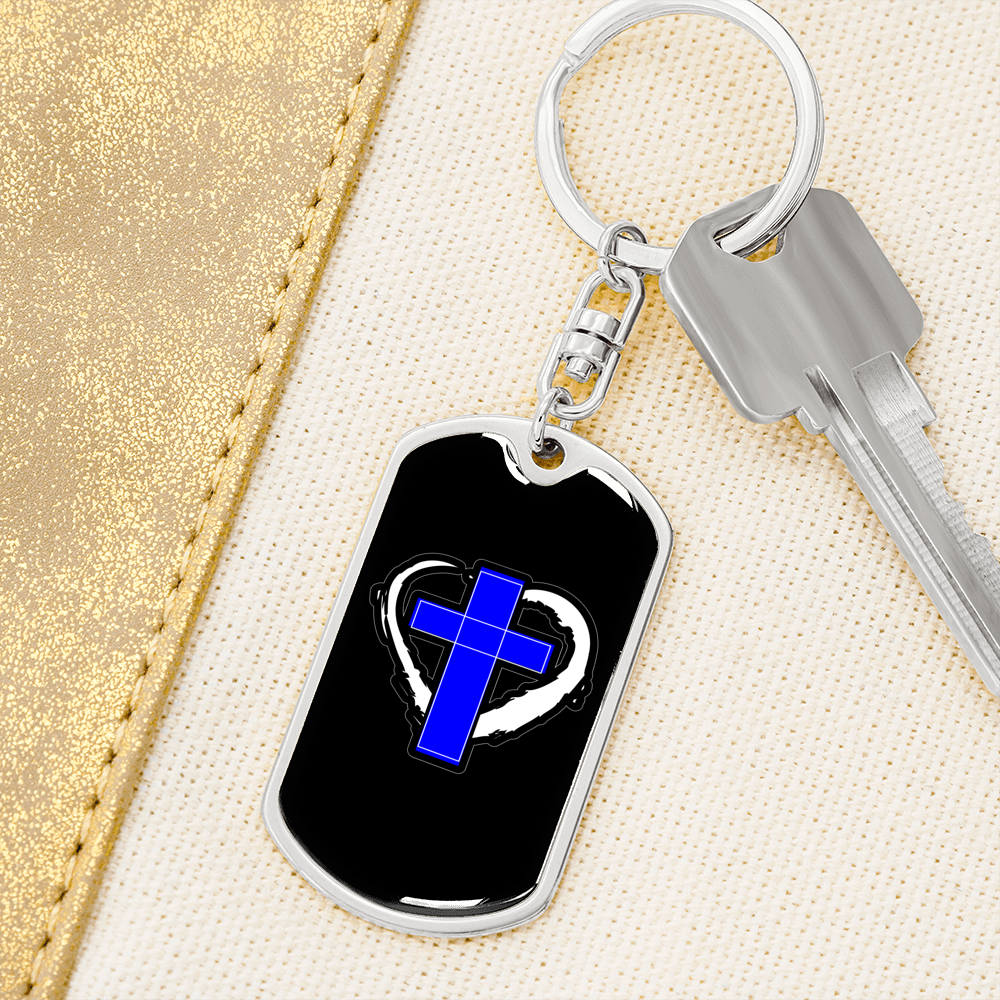Blue Cross Keychain Stainless Steel or 18k Gold Dog Tag Keyring-Express Your Love Gifts