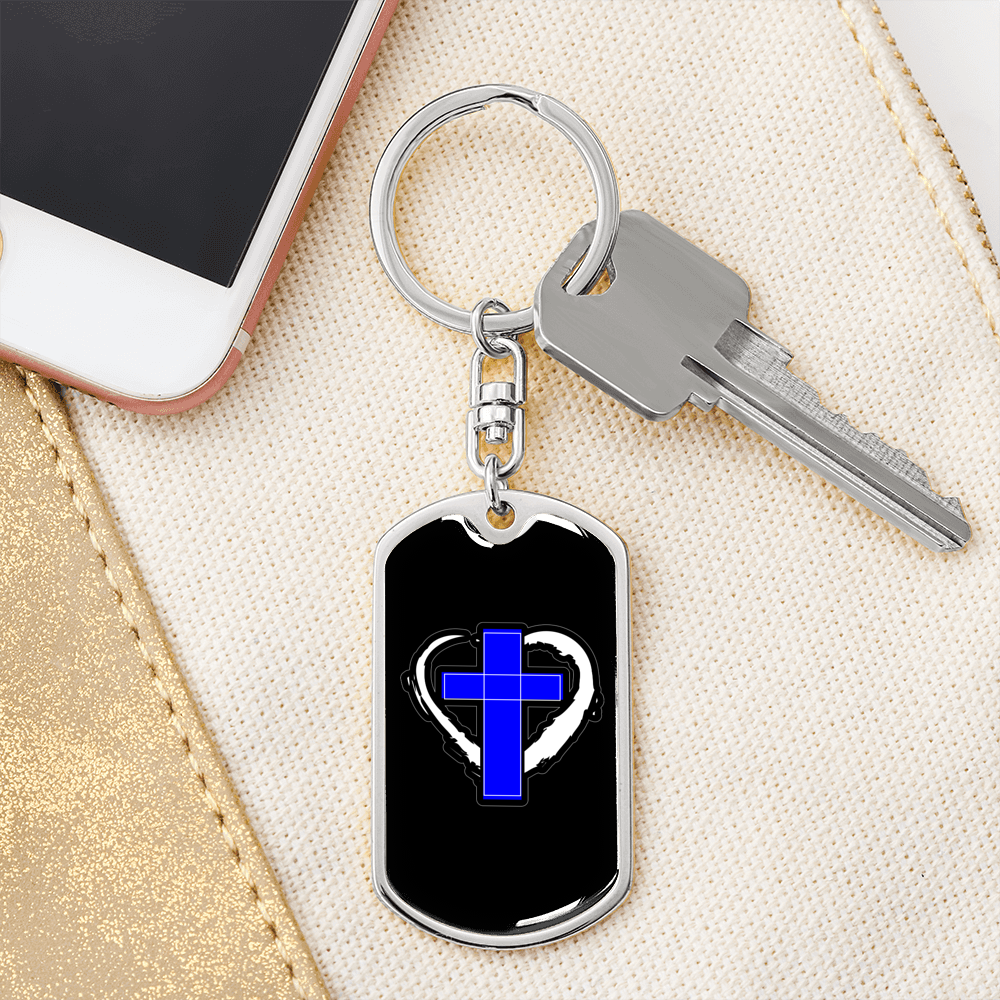 Blue Cross Keychain Stainless Steel or 18k Gold Dog Tag Keyring-Express Your Love Gifts