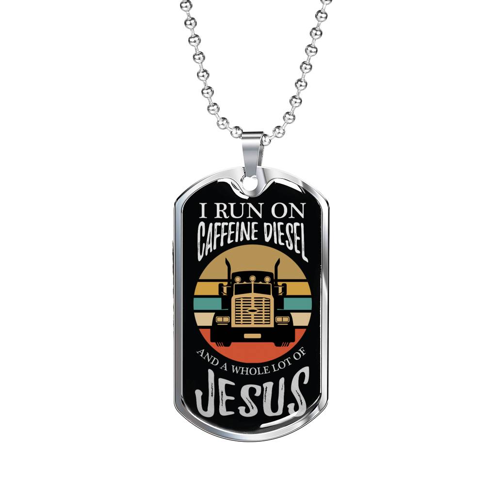 Caffeine Diesel Jesus Trucker Dog Tag Stainless Steel or 18k Gold 24" Chain - Express Your Love Gifts