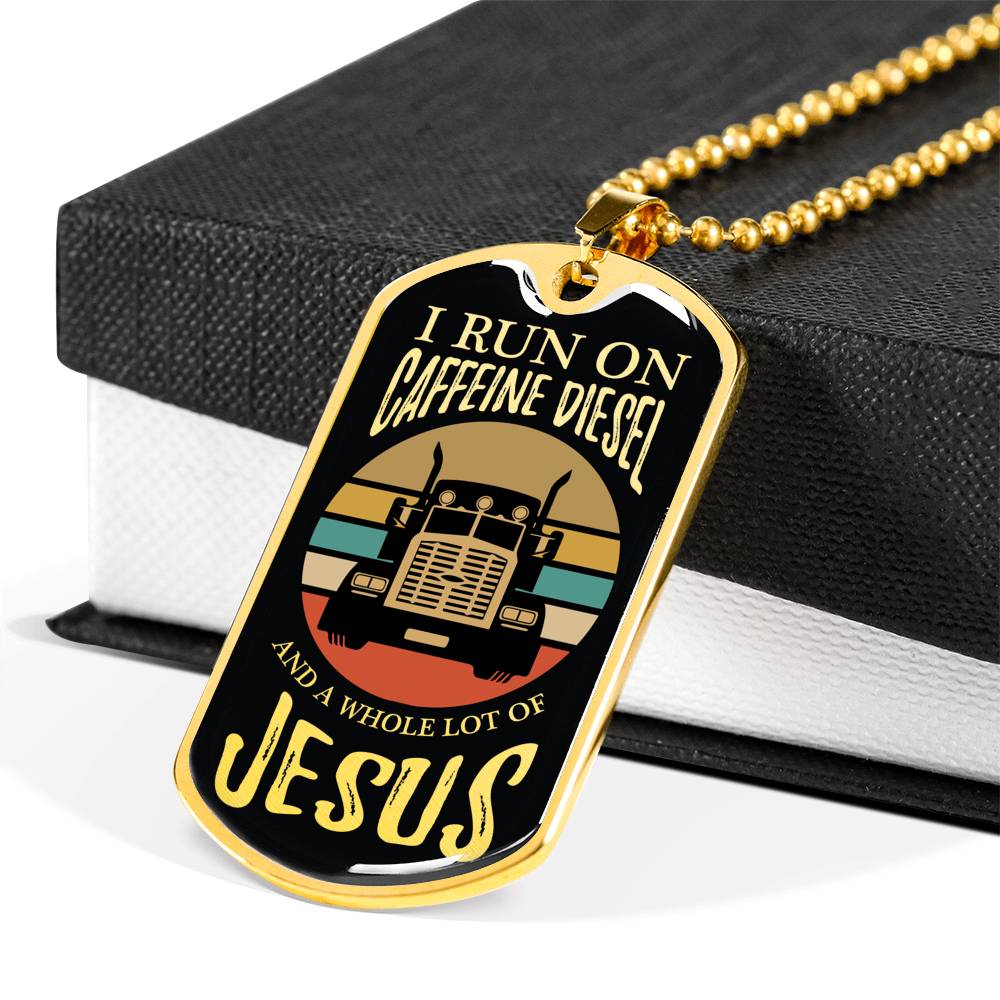 Caffeine Diesel Jesus Trucker Dog Tag Stainless Steel or 18k Gold 24" Chain - Express Your Love Gifts