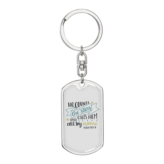 Calls Them All By Name Psalm147:4 Keychain Stainless Steel or 18k Gold Dog Tag Keyring-Express Your Love Gifts