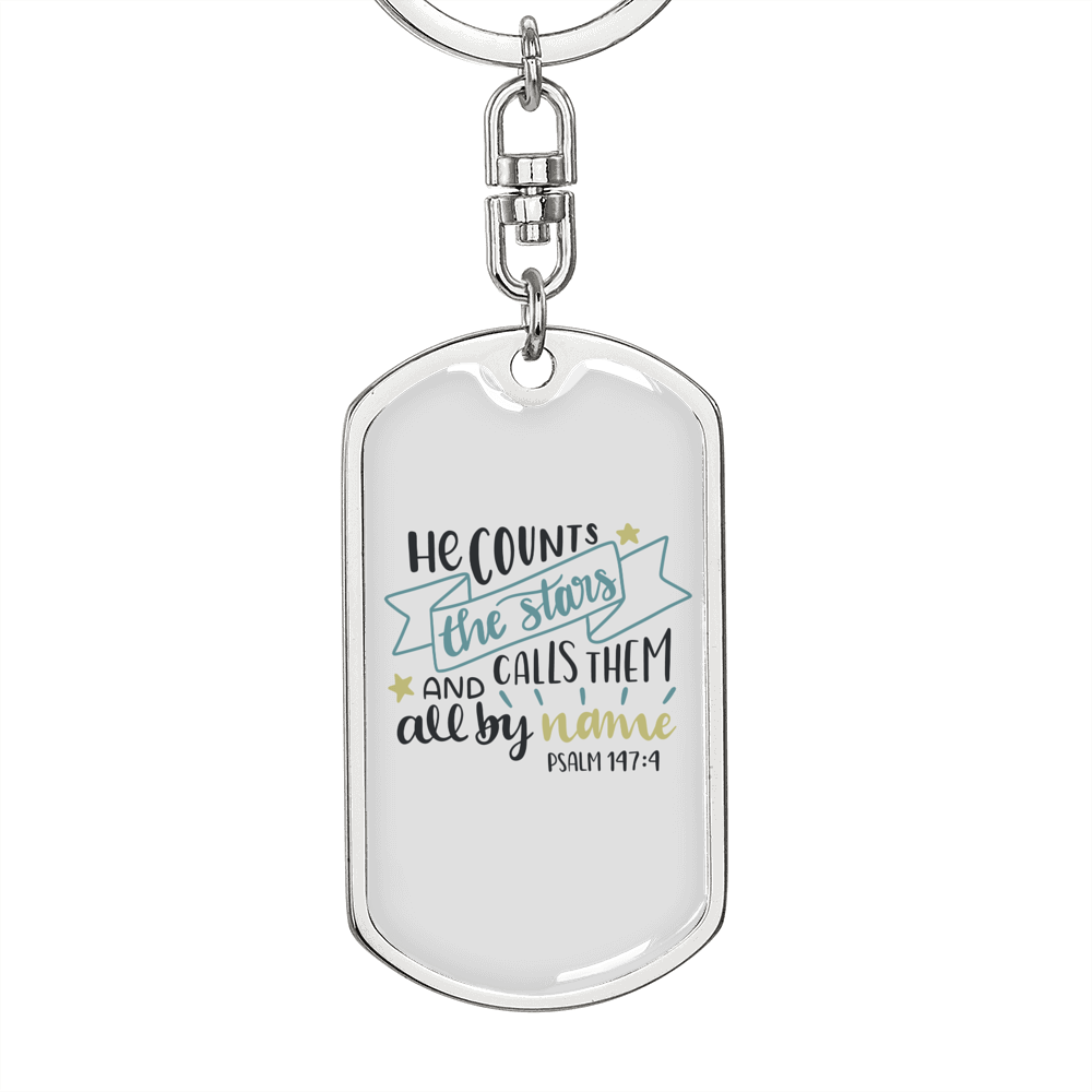 Calls Them All By Name Psalm147:4 Keychain Stainless Steel or 18k Gold Dog Tag Keyring-Express Your Love Gifts