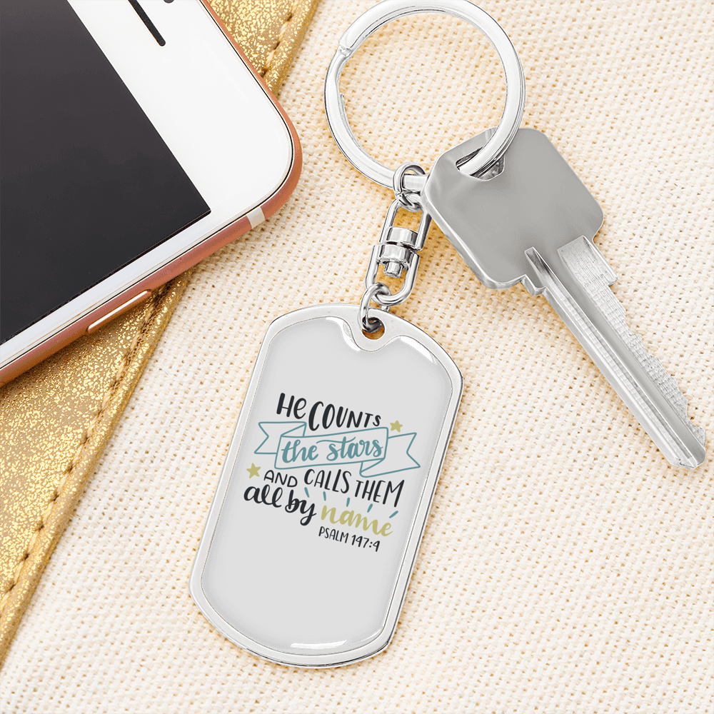 Calls Them All By Name Psalm147:4 Keychain Stainless Steel or 18k Gold Dog Tag Keyring-Express Your Love Gifts