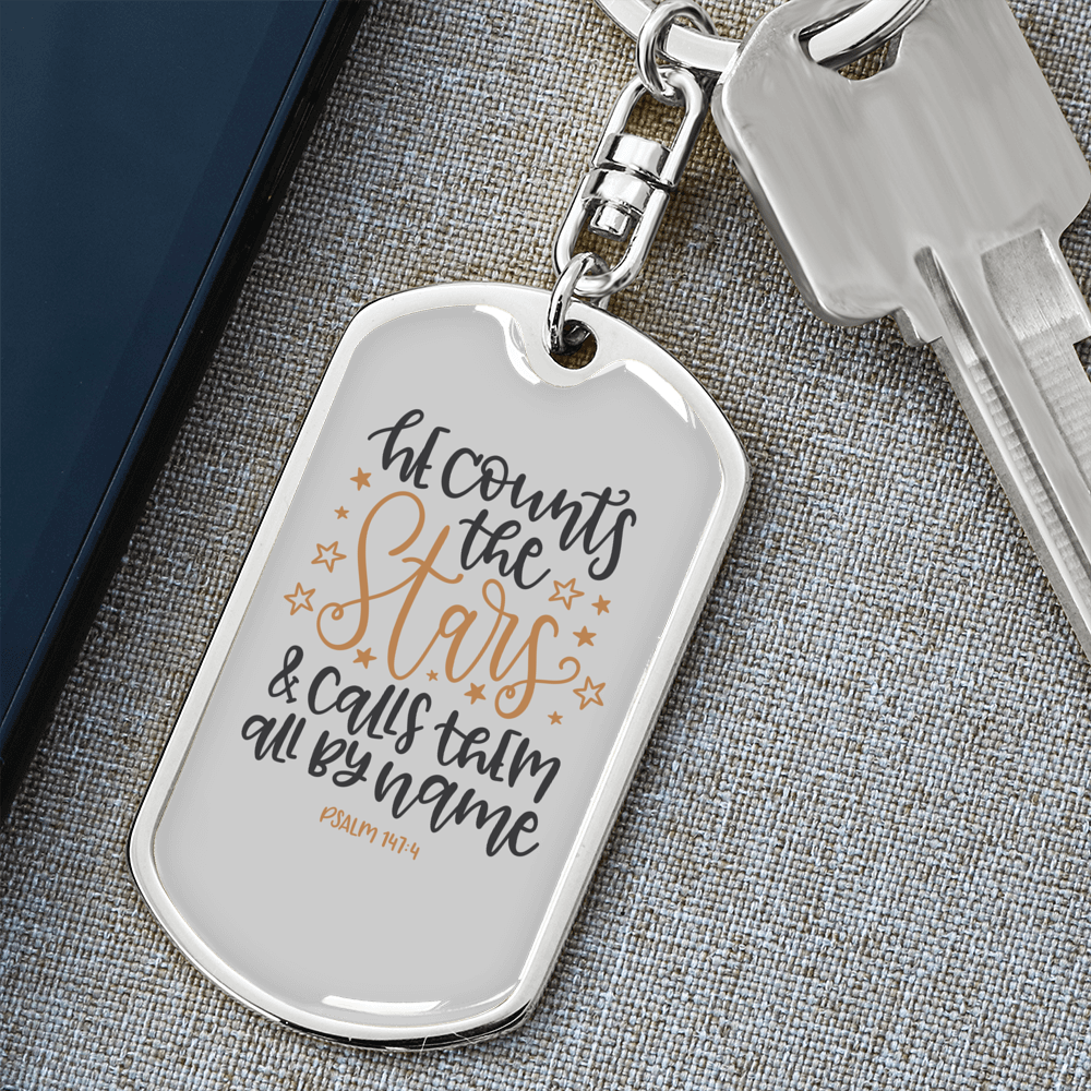 Calls Them By Name Psalm 147:4 Keychain Stainless Steel or 18k Gold Dog Tag Keyring-Express Your Love Gifts