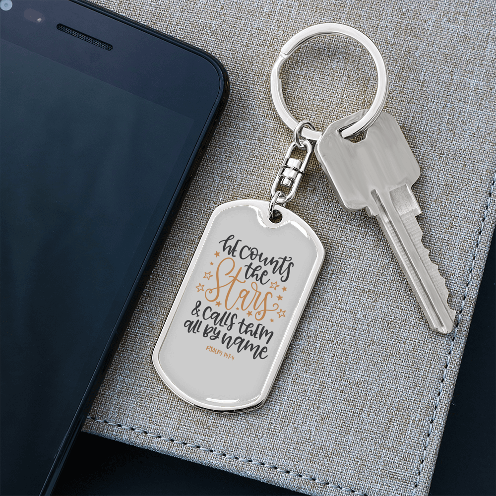 Calls Them By Name Psalm 147:4 Keychain Stainless Steel or 18k Gold Dog Tag Keyring-Express Your Love Gifts