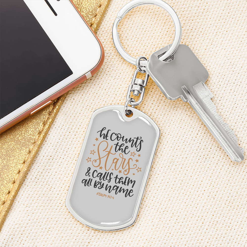Calls Them By Name Psalm 147:4 Keychain Stainless Steel or 18k Gold Dog Tag Keyring-Express Your Love Gifts