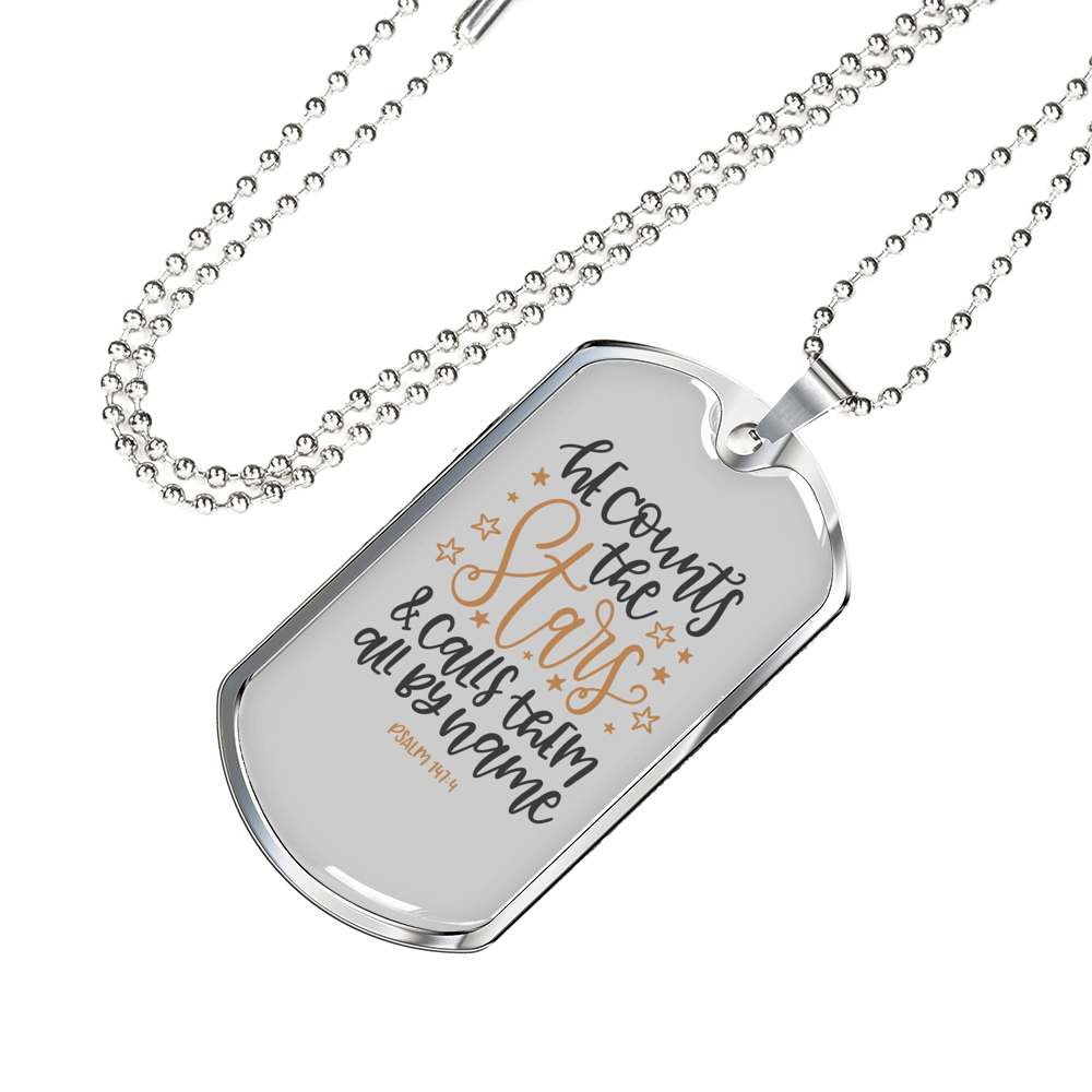 Calls Them By Name Psalm 147:4 Necklace Stainless Steel or 18k Gold Dog Tag 24" Chain-Express Your Love Gifts