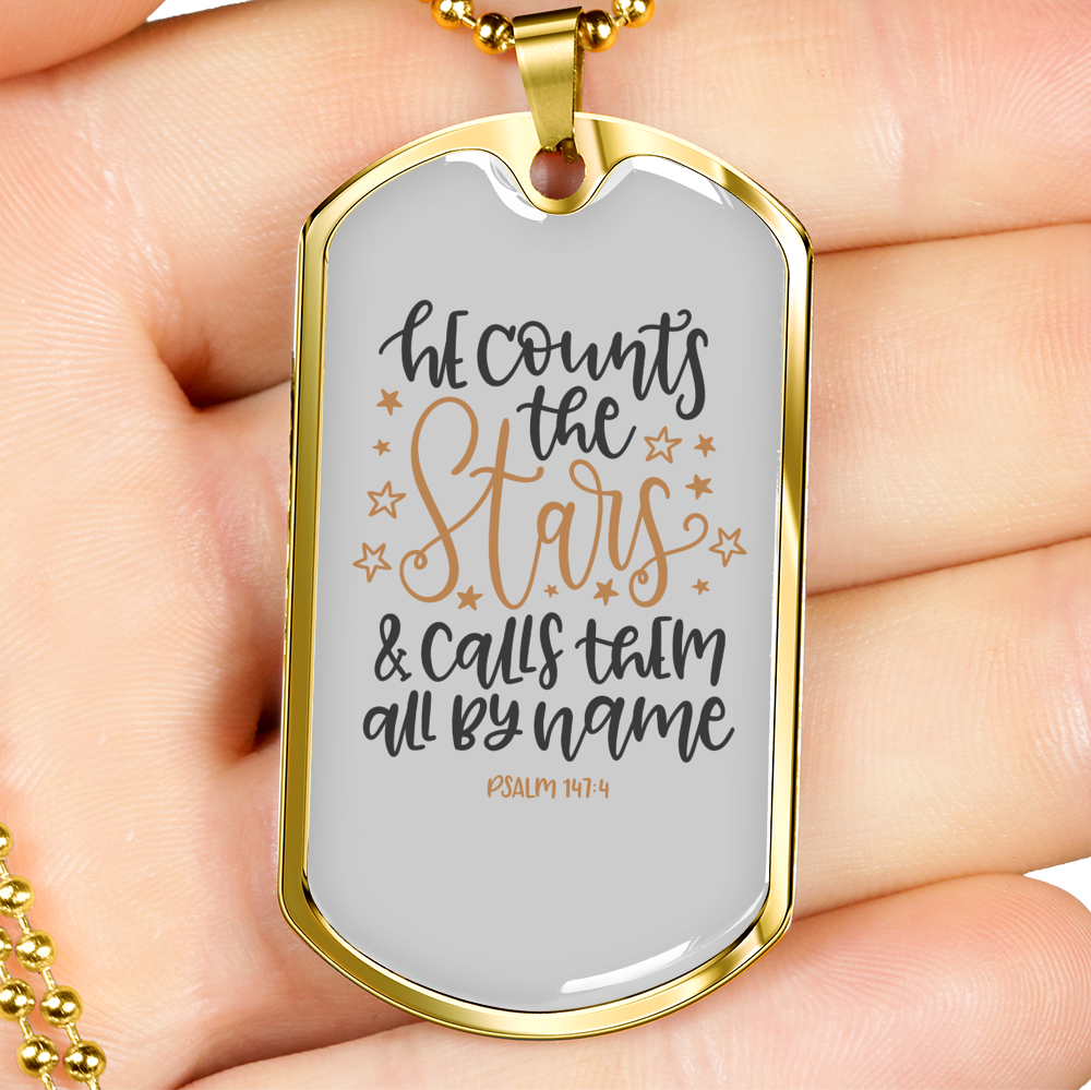 Calls Them By Name Psalm 147:4 Necklace Stainless Steel or 18k Gold Dog Tag 24" Chain-Express Your Love Gifts