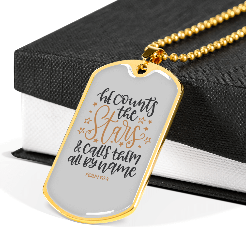 Calls Them By Name Psalm 147:4 Necklace Stainless Steel or 18k Gold Dog Tag 24" Chain-Express Your Love Gifts