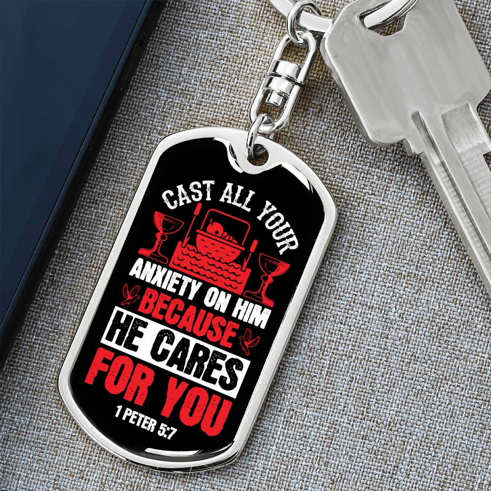 Cast All Anxiety 1 Peter 5:7 Keychain Stainless Steel or 18k Gold Dog Tag Keyring-Express Your Love Gifts