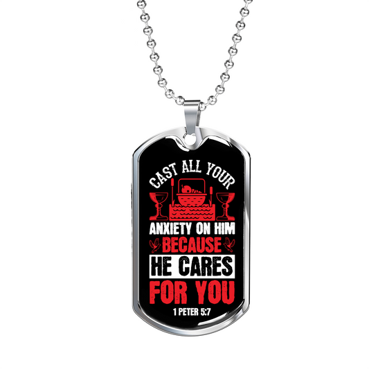 Cast All Anxiety 1 Peter 5:7 Necklace Stainless Steel or 18k Gold Dog Tag 24" Chain-Express Your Love Gifts