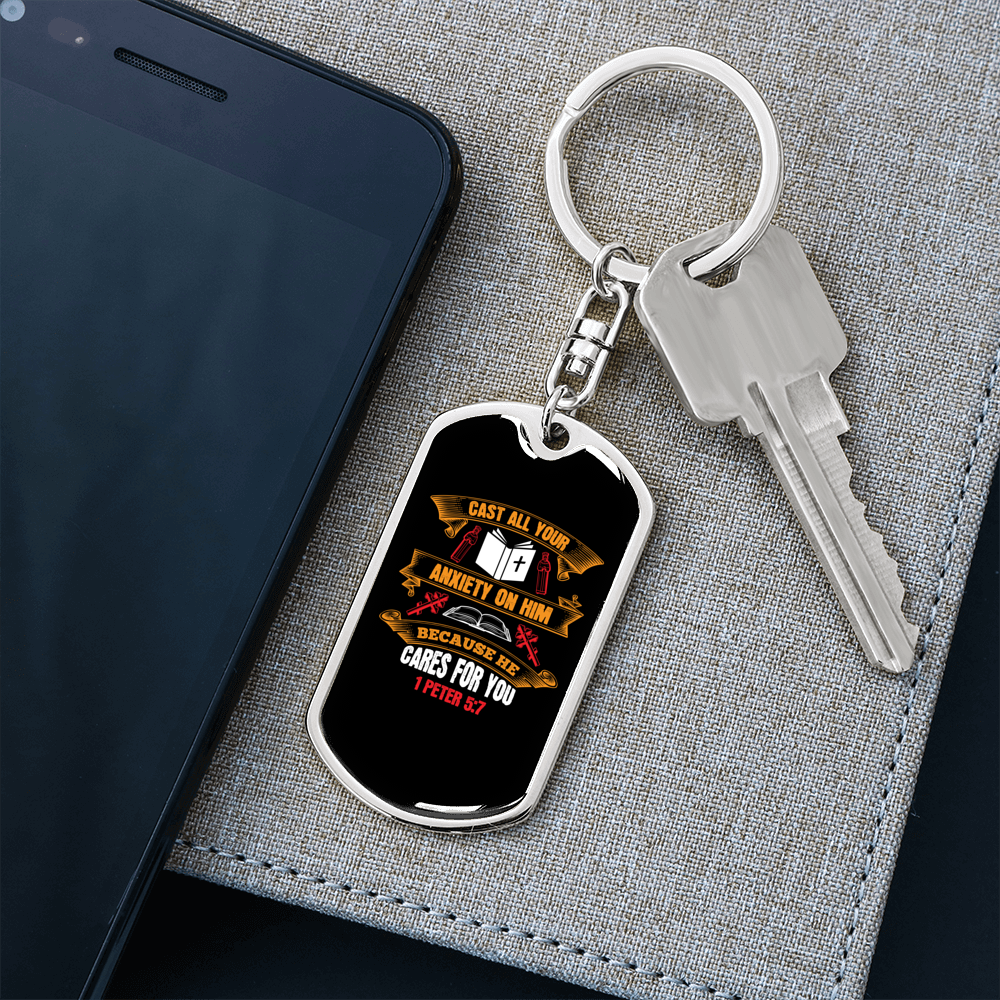 Cast All Your Anxiety 1 Peter 5:7 Keychain Stainless Steel or 18k Gold Dog Tag Keyring-Express Your Love Gifts