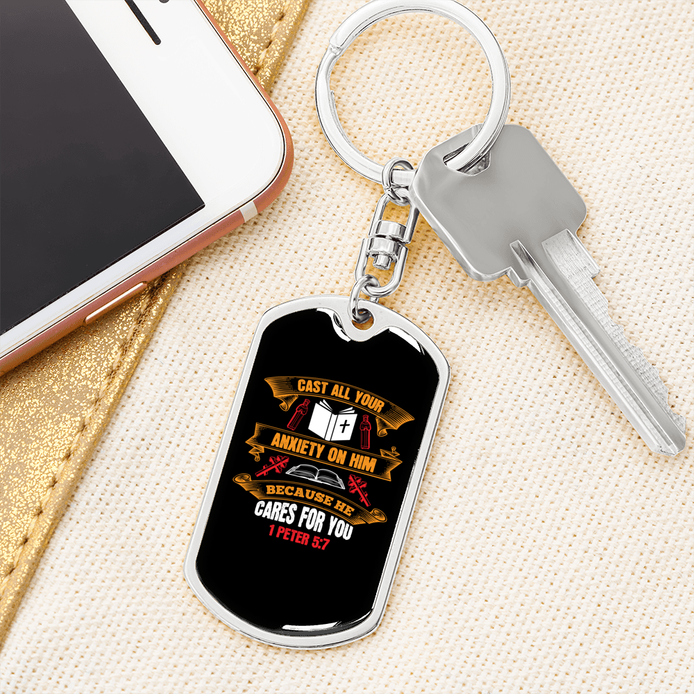 Cast All Your Anxiety 1 Peter 5:7 Keychain Stainless Steel or 18k Gold Dog Tag Keyring-Express Your Love Gifts