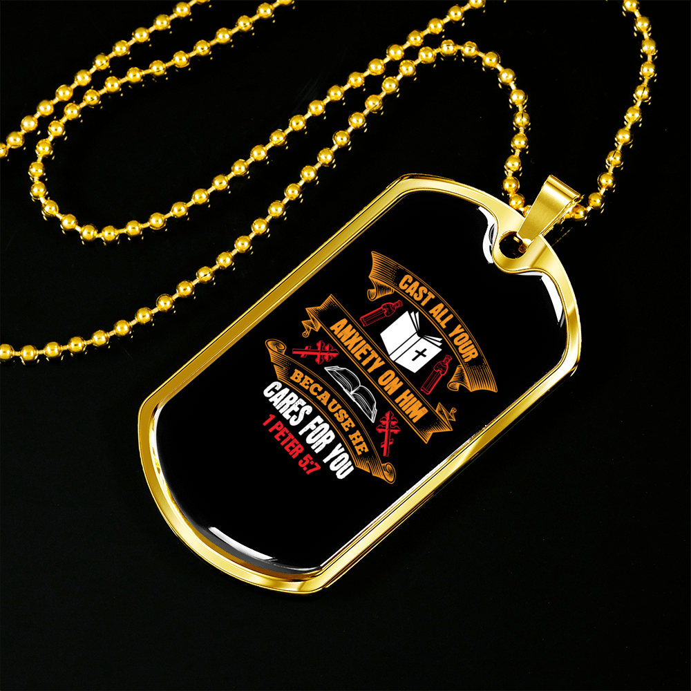 Cast All Your Anxiety 1 Peter 5:7 Necklace Stainless Steel or 18k Gold Dog Tag 24" Chain-Express Your Love Gifts