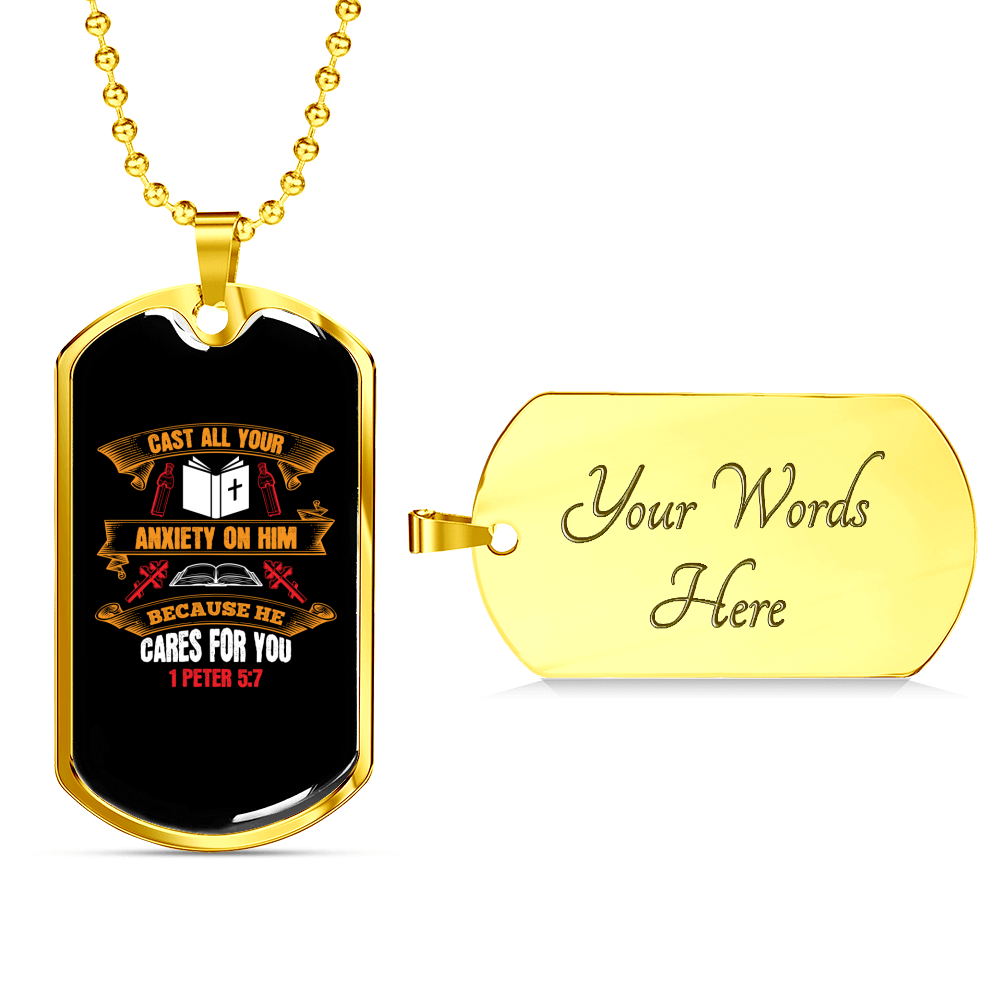 Cast All Your Anxiety 1 Peter 5:7 Necklace Stainless Steel or 18k Gold Dog Tag 24" Chain-Express Your Love Gifts