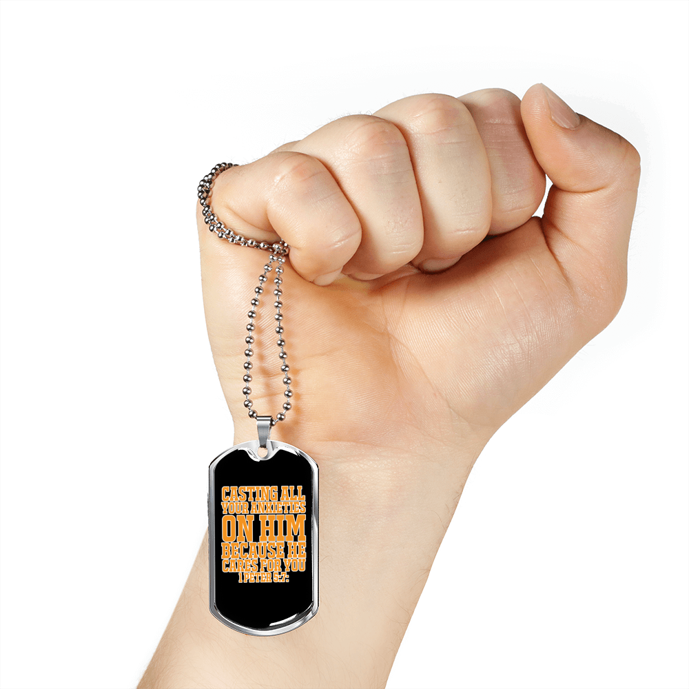 Cast Anxieties On Him 1 Peter 5:7 Necklace Stainless Steel or 18k Gold Dog Tag 24" Chain-Express Your Love Gifts