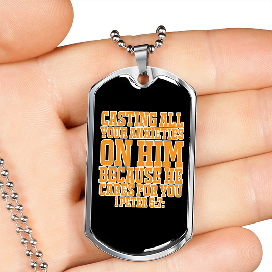 Cast Anxieties On Him 1 Peter 5:7 Necklace Stainless Steel or 18k Gold Dog Tag 24" Chain-Express Your Love Gifts