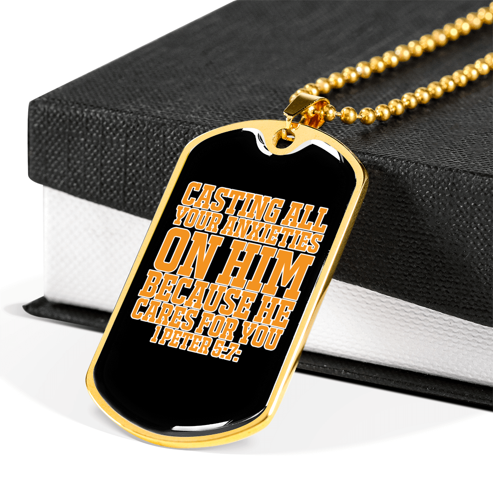 Cast Anxieties On Him 1 Peter 5:7 Necklace Stainless Steel or 18k Gold Dog Tag 24" Chain-Express Your Love Gifts