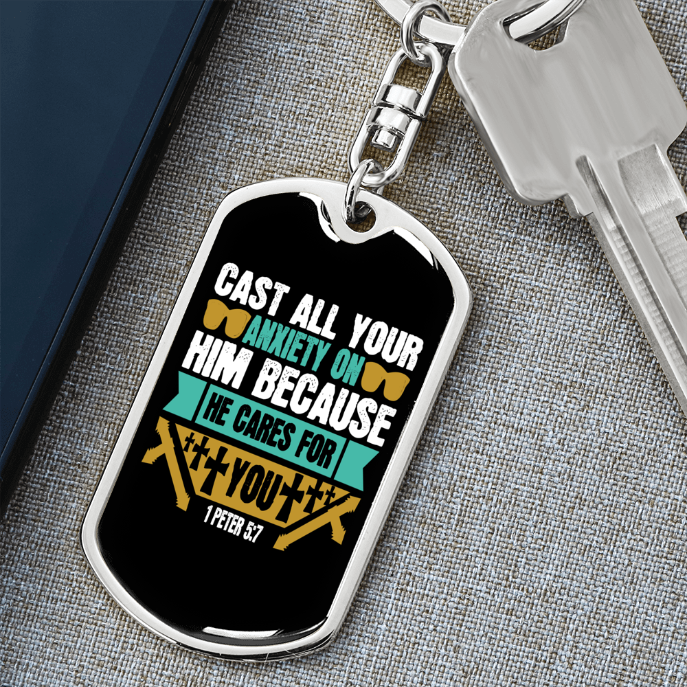 Cast Your Anxiety 1 Peter 5:7 Keychain Stainless Steel or 18k Gold Dog Tag Keyring-Express Your Love Gifts