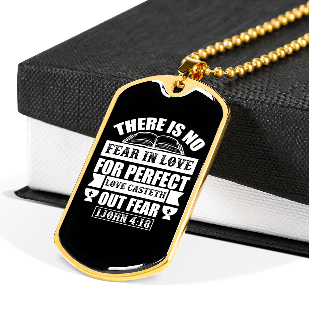 Casteth Out Fear 1 John 4:18 Necklace Stainless Steel or 18k Gold Dog Tag 24"-Express Your Love Gifts