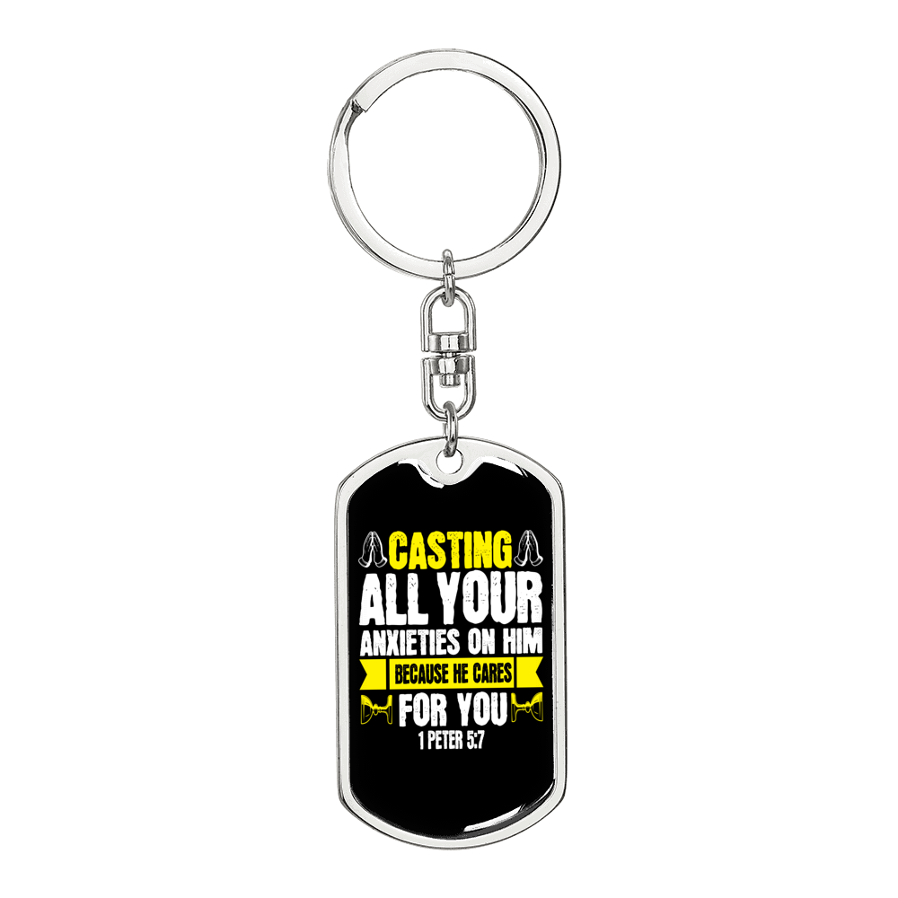 Casting All Anxieties 1 Peter 5:7 Keychain Stainless Steel or 18k Gold Dog Tag Keyring-Express Your Love Gifts