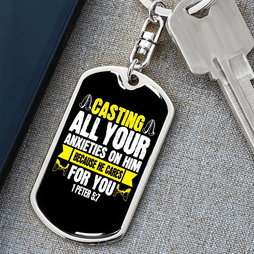 Casting All Anxieties 1 Peter 5:7 Keychain Stainless Steel or 18k Gold Dog Tag Keyring-Express Your Love Gifts