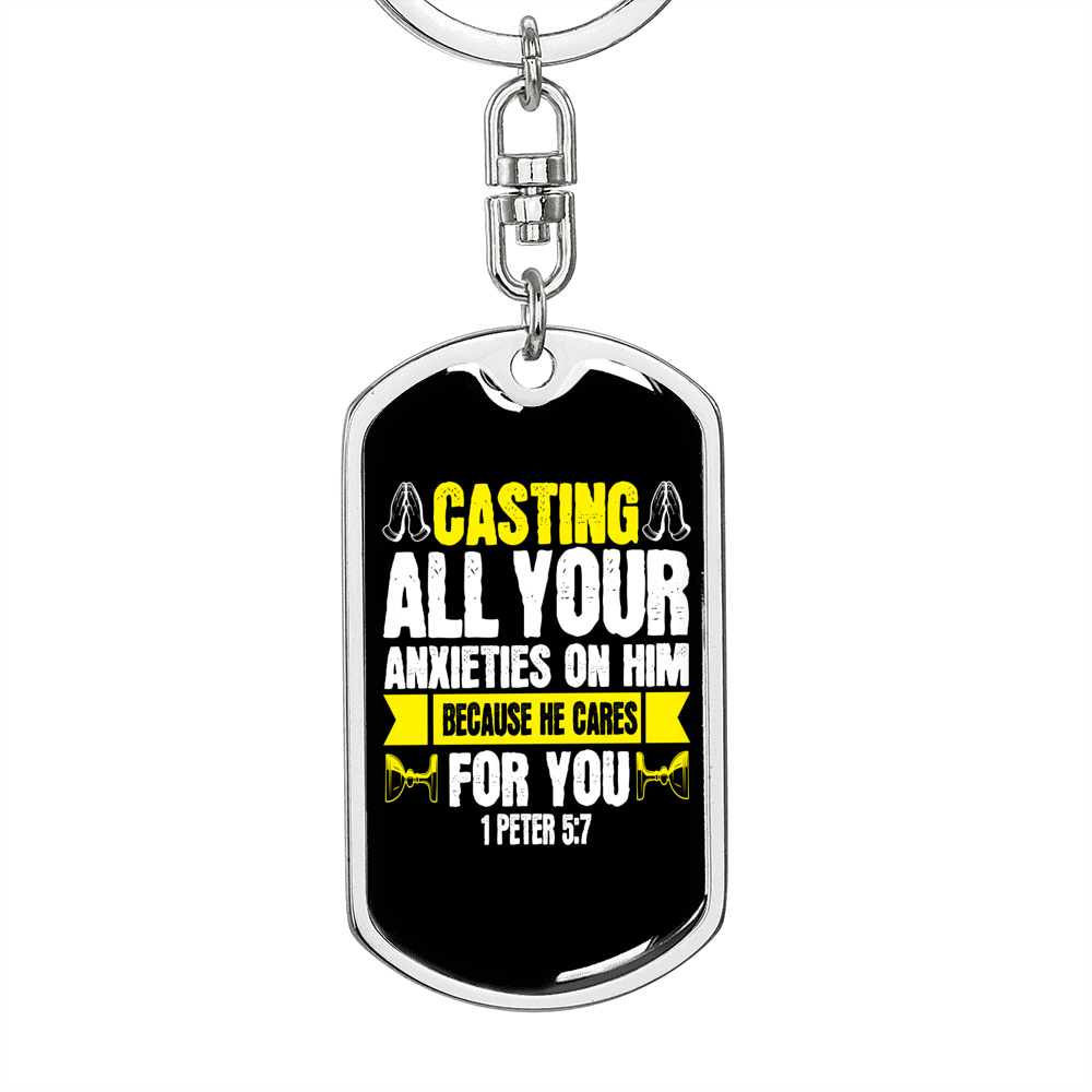 Casting All Anxieties 1 Peter 5:7 Keychain Stainless Steel or 18k Gold Dog Tag Keyring-Express Your Love Gifts