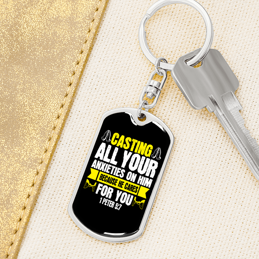 Casting All Anxieties 1 Peter 5:7 Keychain Stainless Steel or 18k Gold Dog Tag Keyring-Express Your Love Gifts