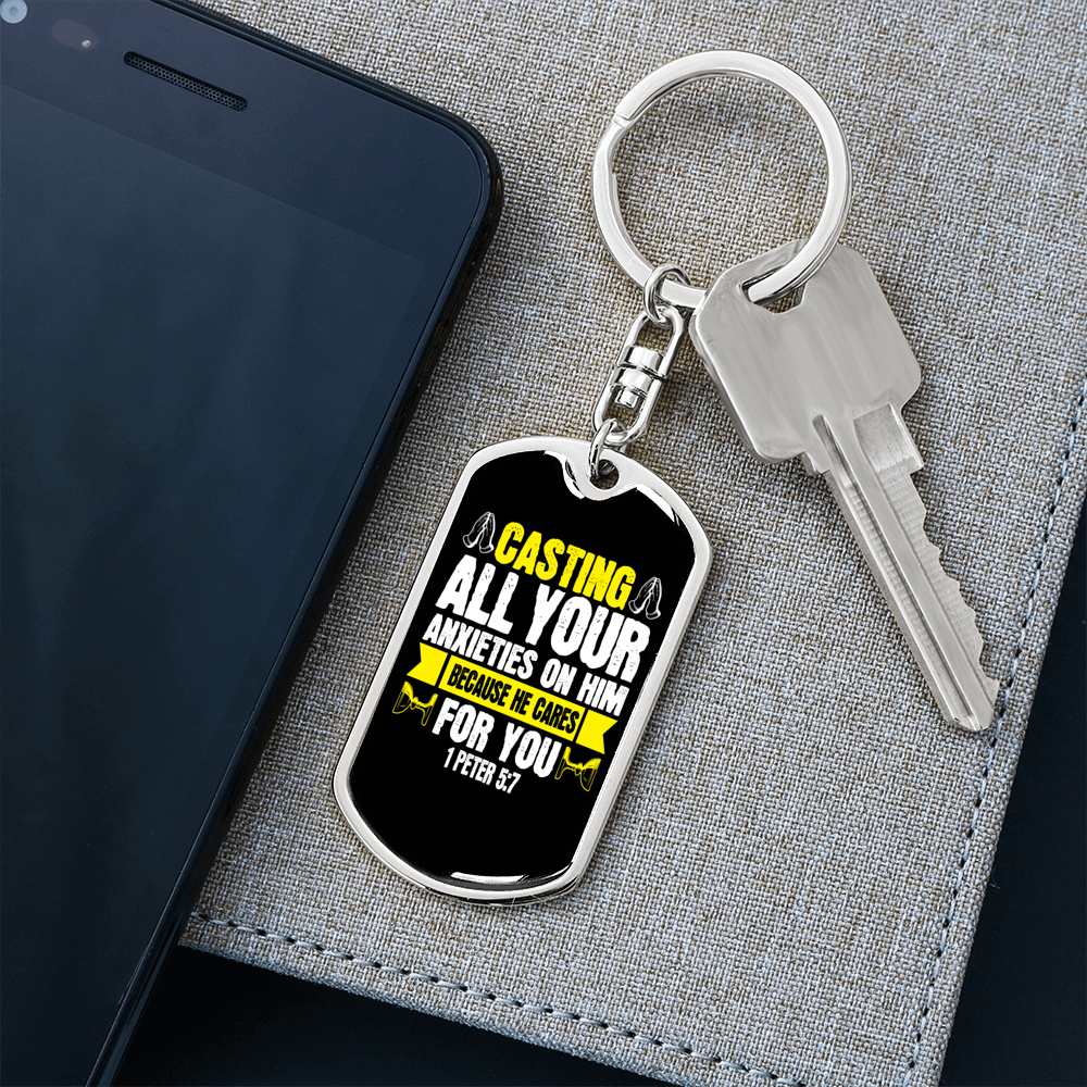 Casting All Anxieties 1 Peter 5:7 Keychain Stainless Steel or 18k Gold Dog Tag Keyring-Express Your Love Gifts