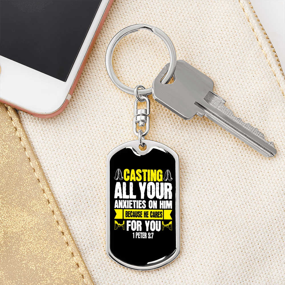 Casting All Anxieties 1 Peter 5:7 Keychain Stainless Steel or 18k Gold Dog Tag Keyring-Express Your Love Gifts