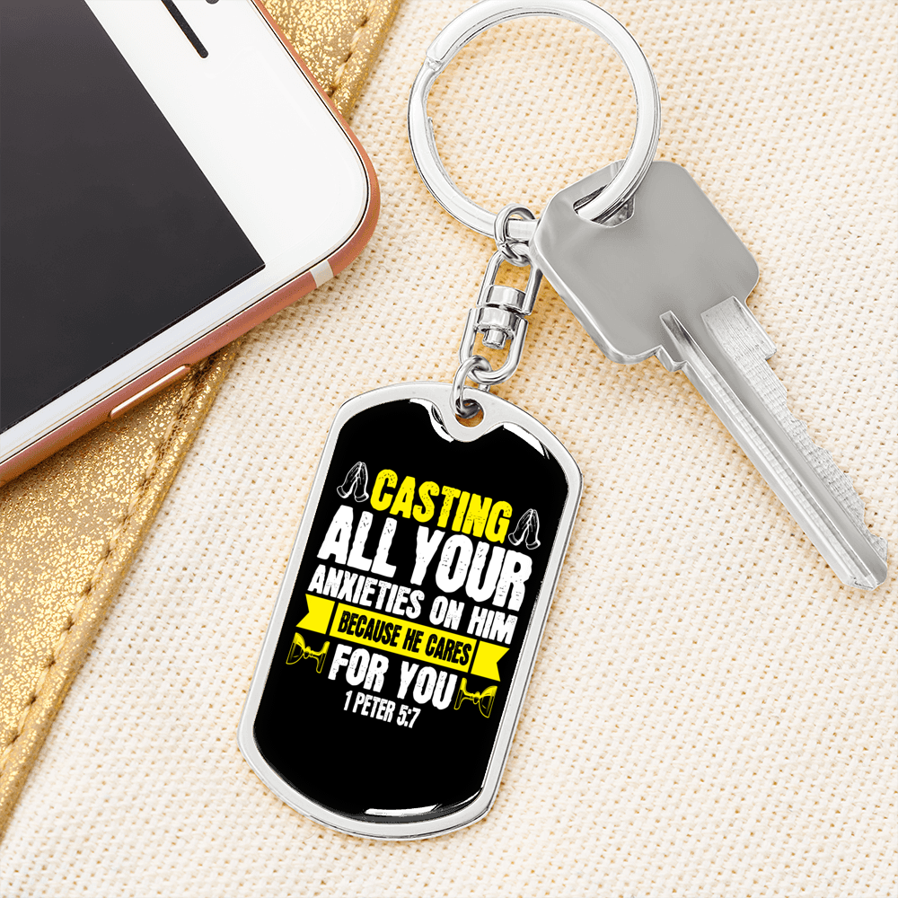 Casting All Anxieties 1 Peter 5:7 Keychain Stainless Steel or 18k Gold Dog Tag Keyring-Express Your Love Gifts