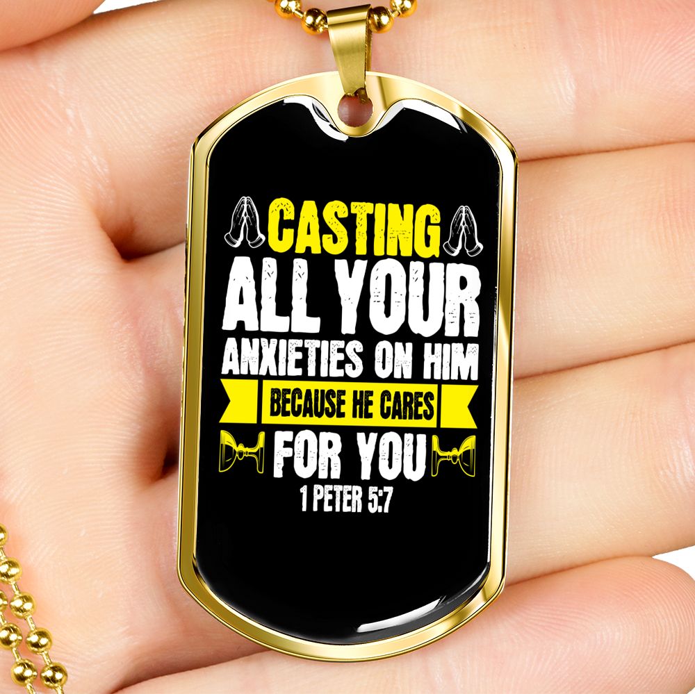 Casting All Anxieties 1 Peter 5:7 Necklace Stainless Steel or 18k Gold Dog Tag 24" Chain-Express Your Love Gifts