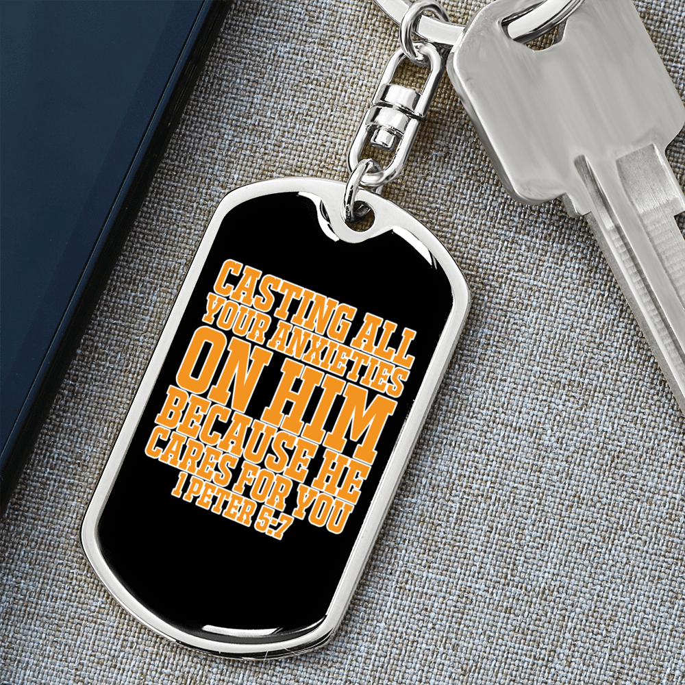 Casting Anxieties 1 Peter 5:7 Keychain Stainless Steel or 18k Gold Dog Tag Keyring-Express Your Love Gifts